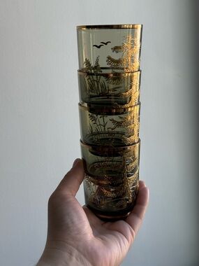 4 Smokey Libbey Glass Co 22K Gold Embossed Foliage Tree Bird MCM Drinkware Cups
